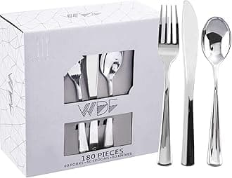 WDF 180 Pieces Silver Plastic Silverware - Silver Plastic Cutlery - Fancy Plastic Silverware Heavy Duty - 60 Forks 60 Knives 60 Spoons - Disposable Plastic Utensils Perfect for Party Wedding