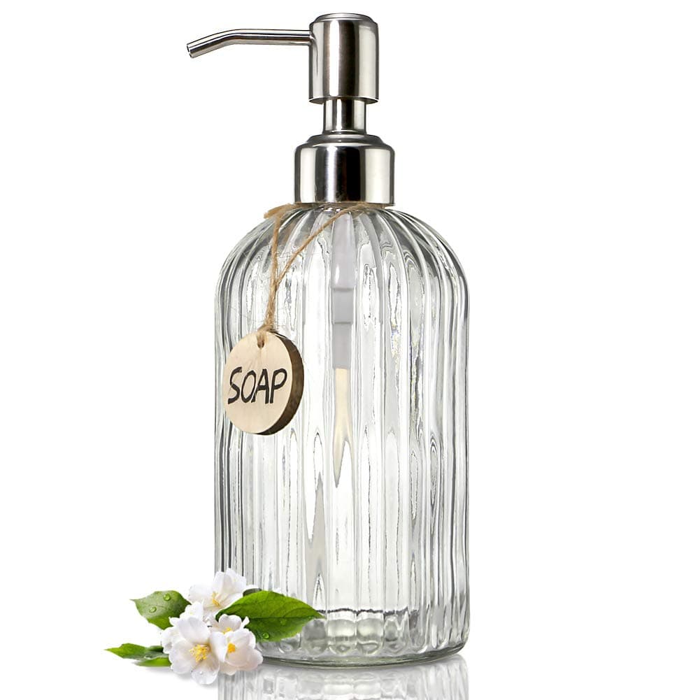 JASAI 18 Oz Clear Glass Soap Dispenser with Rust Proof Stainless Steel Pump, Refillable Liquid Hand soap Dispenser for Bathroom, Premium Kitchen Soap Dispenser (Clear).