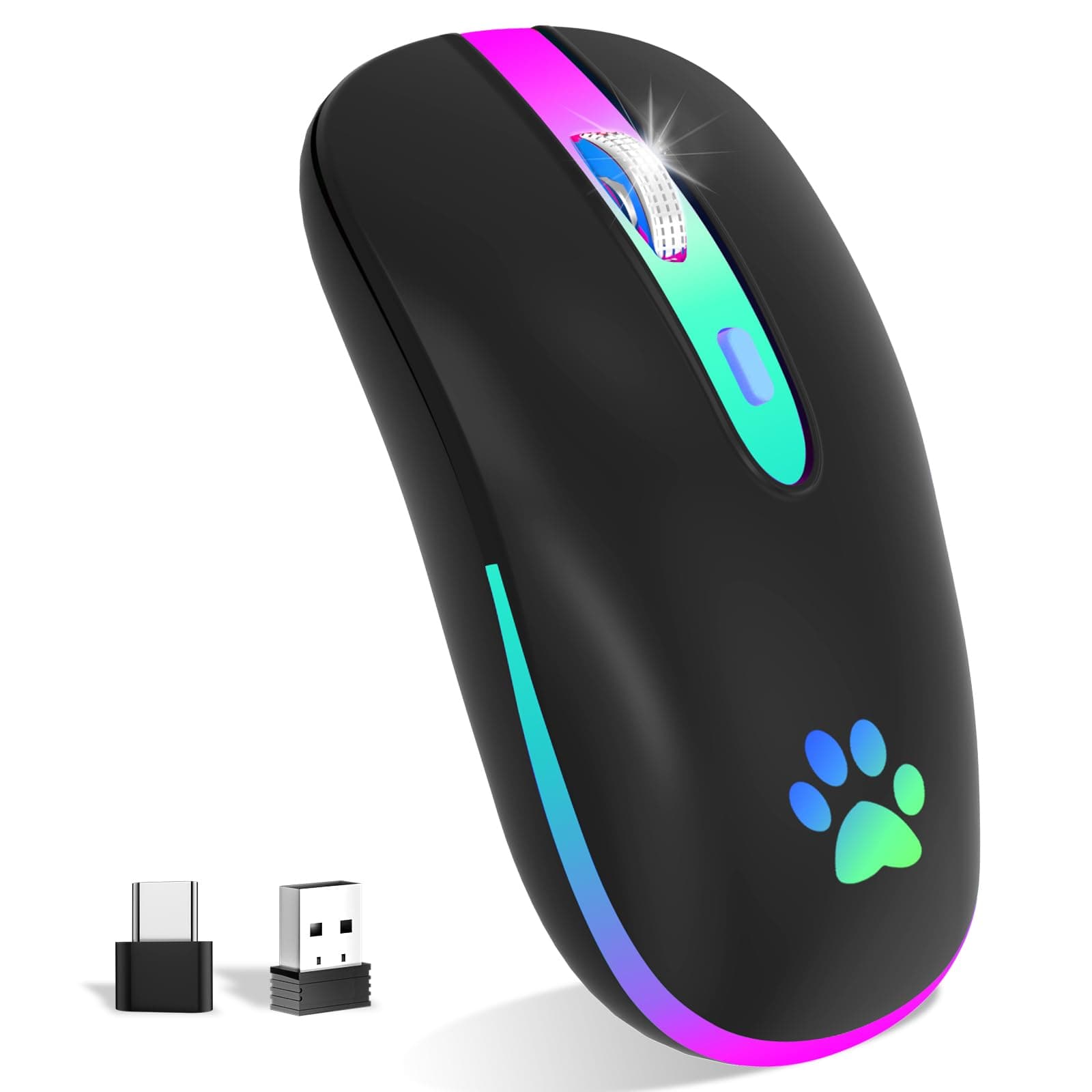 FUWANG Wireless Mouse,Rechargeable LED Wireless Bluetooth Mouse,Portable USB Optical 2.4G Wireless Bluetooth Two Mode Computer Mice with USB & Type-c Receiver(Black)