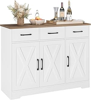 HOSTACK Modern Farmhouse Sideboard Buffet Cabinet, Barn Doors Buffet Storage Cabinet with Drawers and Shelves, Wood Coffee Bar with Storage for Kitchen, Dining Room, Living Room, White
