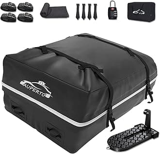 AUPERTO Car Roof Cargo Bag, 425 Liters Foldable Car Roof Bag with Anti-Slip Mat and 4 Heavy-Duty Straps, 4 Door Hooks,Car Step, Lock, Roof Bag Suitable for Any Cars