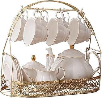 fanquare 15 Pieces Simple White English Ceramic Tea Sets,Tea Pot,Bone China Cups Without Metal Holder,Matching Spoons,Afternoon Tea Set Service Coffee Set