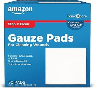Amazon Basic Care Gauze Pads, 4x4 inches Sterile Medical Wound Dressing Sponges for Cleaning, Covering, & Cushioning Cuts & Minor Injuries, 50 Count (Pack of 1), (Previously All Health)