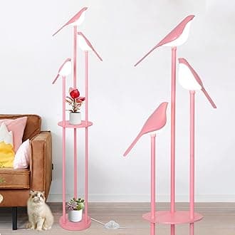 Pink Floor Lamp with Shelves, 3-Light Bird Floor Lamps for Living Room, Corner Standing Lamp with Foot Switch, Unique Stand up Lamp, Cute Tall Light with table, Kids Floor Lamp for Bedroom, Girls Room