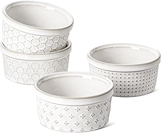 Ramekins 6 oz, Ramiken for Creme Brulee, Lava Cake,Pudding, Souffle, Small Sauce Bowl,Ceramic Baking Dishes- 4 inch, Set of 4, Arctic White