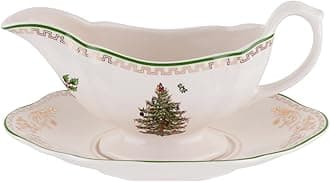 Spode Christmas Tree Gold 10 Oz Gravy Boat and Stand - Elegant Christmas Porcelain Sauce Boat, 22K Gold Accents, Luxurious Holiday Serveware for Gravy, Sauces, Festive Gatherings, Dishwasher Safe