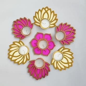 Handmade 7pcs Pink & Cream Lotus Flower Diya Rangoli Candles with Wax for Diwali Ganesh Chaturthi Laxmi Pooja Home Temple Rangoli Diya Floor Decoration