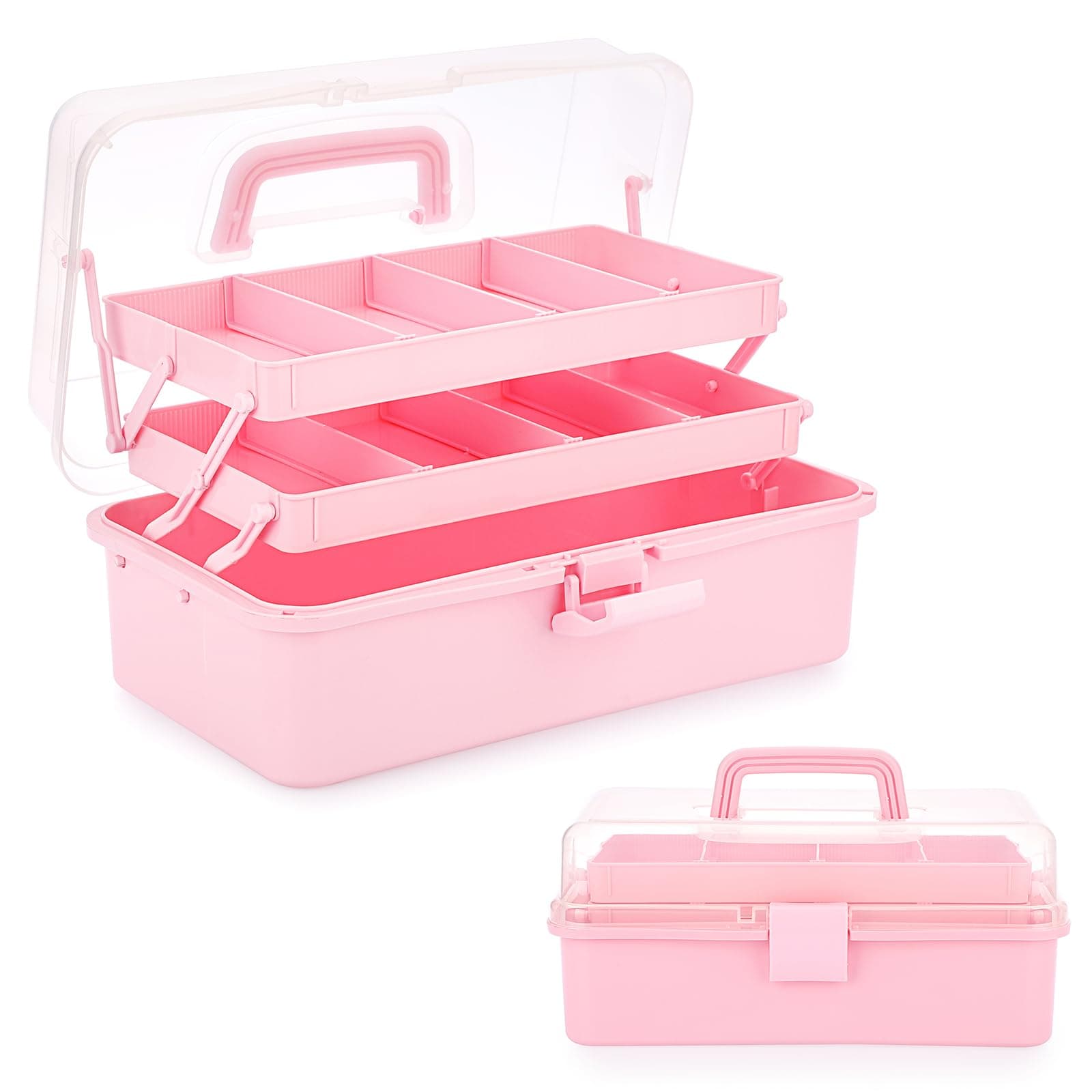 BTSKY 3-Layer Plastic Dividing Storage Box Craft Organizer and Storage with Adjustable Spacers Portable Handled Art Supply Organizer Multipurpose Home Utility Box Organizer (Pink)