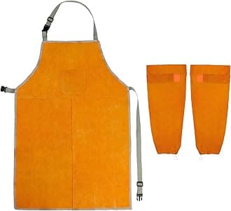 Welding Apron& Sleeves, Welding Work Protectors Set, Heat and Flame Resistant Leather Work Shop, Blacksmith Protective or Safety Clothing, Welders, Fireplace, Gardening, BBQ Apron, Bib Apron