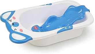 Bubble Baby Bathtub (White & Blue) & Anti Slip Baby Plastic Bath Chair (Blue) for 6 Month - 3 Years, Bathtub with Drain Plug, Baby Bath Seat/Sling with Non Slip Suction Base