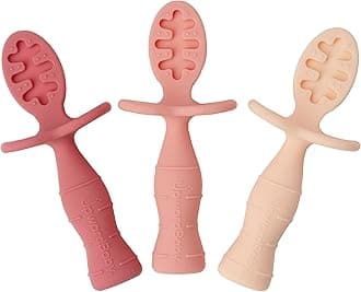 Upward Baby Spoons Self Feeding 6+ Months - 3 Pack, Chewable Toddler Utensils with Anti Choke Barrier, Baby Feeding Essentials, Baby Spoons 4 months, Silicone Baby Spoons, Pink