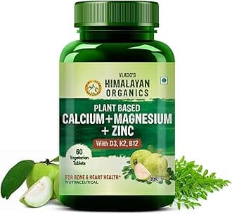 Himalayan OrganicsPlant Based Calcium Magnesium + Zinc | Vitamin D3+k2 Supplement For Stronger Bones | Boost Immunity | Healthy Heart | Muscle Growth - 120 Veg Capsules