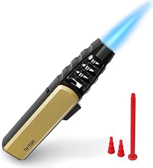 TBTeek Butane Torch Lighter - Adjustable Jet Flame Lighter, Refillable Bright Fire Blow Torch, Cooking Lighter with Safety Lock for creme, BBQ, Baking, Candle, Camping, Gold (Gas Not Included)