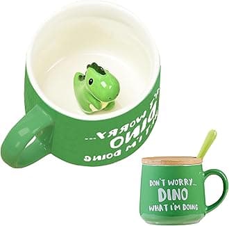 BigNoseDeer Cute Dinosaur Mug Ceramic Coffee Mug with 3D Cartoon Dino Inside,Funny Mugs with lid Spoon,White Elephant Gifts for Adults,Gag Gifts for Women Animal Gift Cute Stuff Cool Stuff