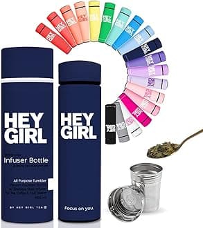 Hey Girl Tea Infuser Bottle 450ml - Insulated Stainless Steel Water Bottle - Tea Tumbler with Tea Diffuser - Portable Travel Mug for Loose Leaf Tea & Infused Water - Tea Lovers Gifts for Women