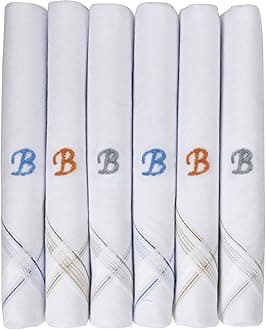 Caruso Italy Men's Initial Monogram Embroidery 100% Pure Cotton Handkerchief White Base With Colored Border - Pack Of 6