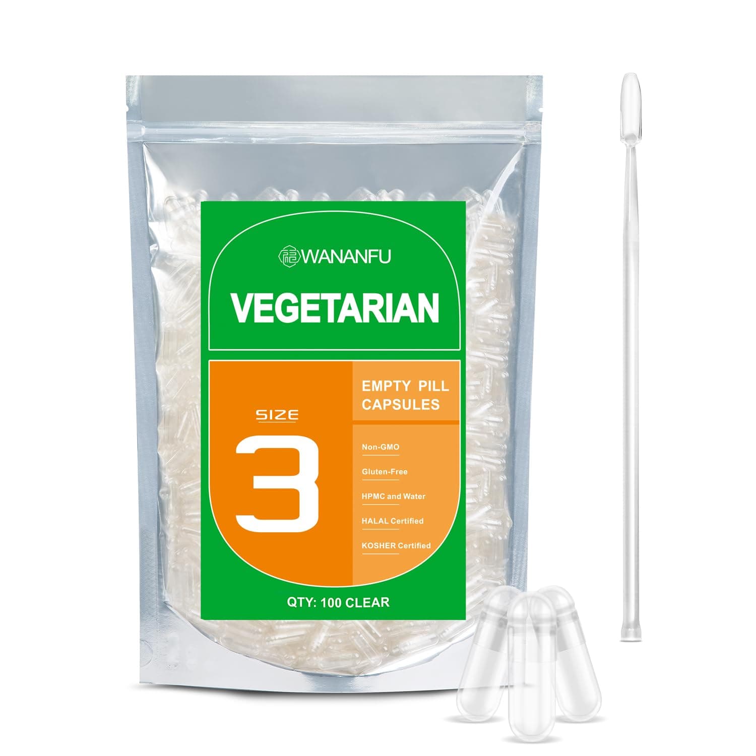 Size 3 Empty Capsules Vegetarian (100 Count) Bundle with 2 Micro Lab Spoons, Compatible with Capsule Filling Machine Size 3