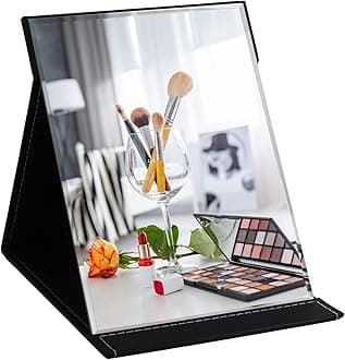 12x9 Inches Extra Large Portable Folding Makeup Mirror, Frameless PU Leather Vanity Mirror with Stand for Desk Table Camping Travel Personal, Black