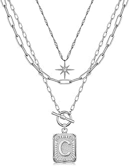 Layered Initial Necklaces for Women Trendy, 14K Gold Plated Brass Simple Star Choker Square Letter Pendant Necklace, Paperclip Chain Necklaces Jewelry Gifts