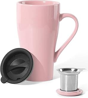 Tea Cup with Infuser and Lid, 18oz Large Tea Infuser Mug, Ceramic Loose Leaf Tea Mug with Strainer & Silicone Lid for Women, Man, Christmas, Gifts (Pink)