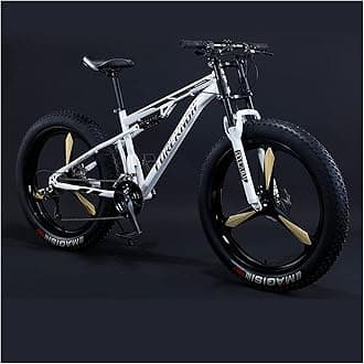 Mountain Bikes Men 26 Inch Adult Fat Tyre Mountain Bike with Full Suspension, High-carbon Steel Large Frame Dual Disc Brake Giant Bicycle,White 3 Spoke,21 Speed