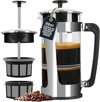 P5 French Press Coffee Maker – Patented Double Micro-Filter for Grit Free Brew, Heat-Resistant Thicker Borosilicate Glass Coffee Press – (32 oz)