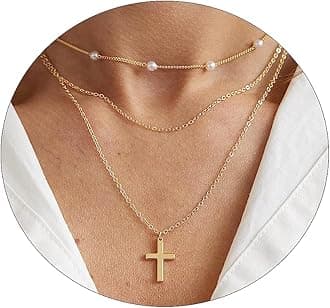 MIDEEO Gold Layered Necklace for Women 14K Gold Plated Layered Chain Necklace Set Shining Twisted Rope Simple Snake Chain 3 Layering Set Women Jewelry Gift, 3PCS-Pearls&O Chian&Cross-GD