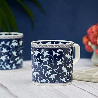 GOLDEN QUEEN'S Handcrafted Indigo Floral Tea & Coffee Cups - Set of 6 | Perfect for Daily Use, Elevate Your Tea and Coffee Experience | Microwave Safe | 200 ml