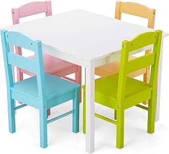 Kids Table and Chair Set, Wooden Children Desk and 4 Chairs, 5 Pcs Kids Activity Furniture for Nursery, Playroom, Preschool and Kindergarten, Boys and Girls Aged 3+ Years Old (White+Multi-Color)