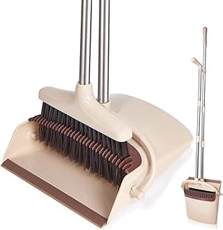- Broom and Dustpan Set with Long Handle, Light Weight Stainless Steel Poles Stand Upright Dustpans with Broom Combo for Home Kitchen Office Pet Dog Hair, Brown & Beige Color, 1-Pack