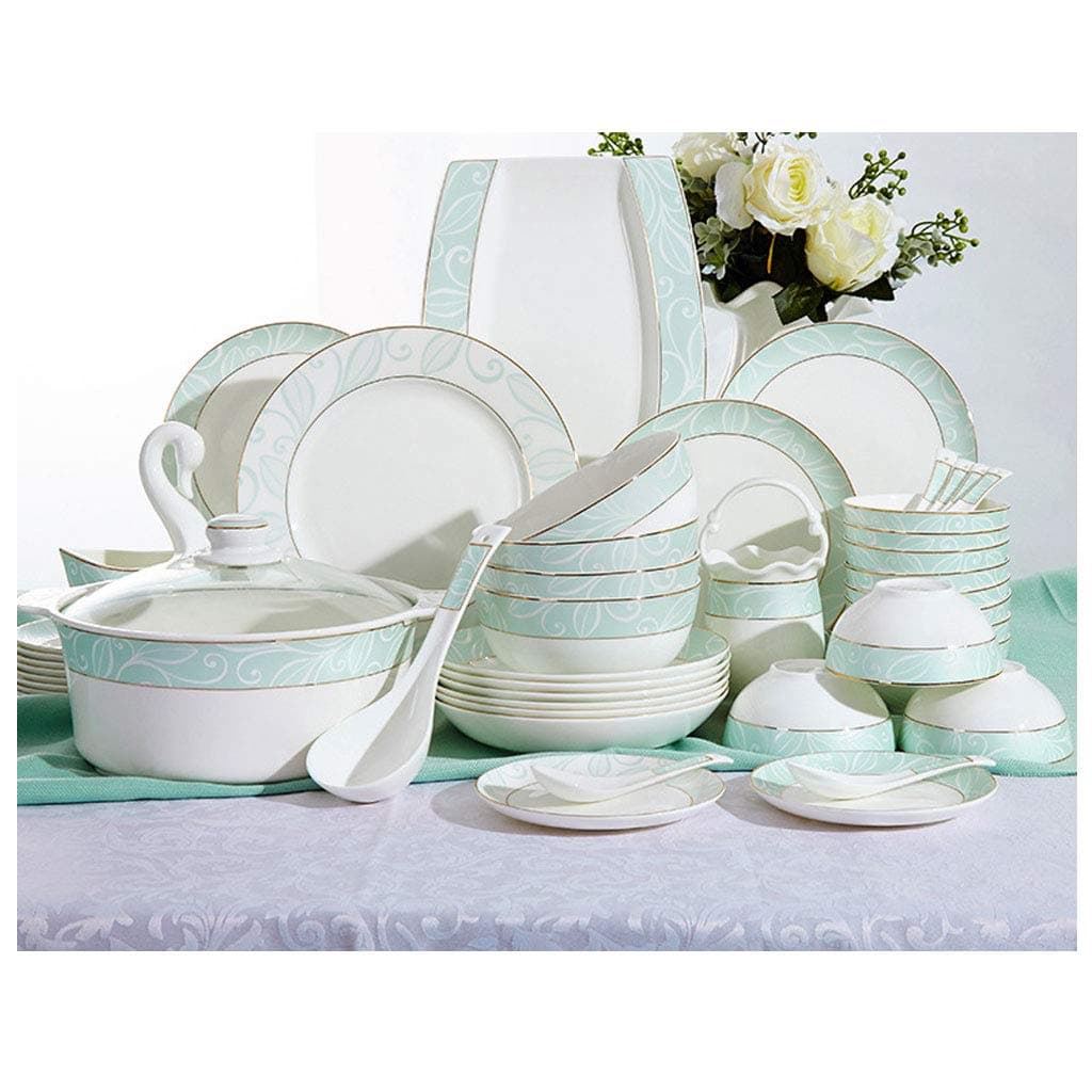 AMINSHAP 56 Piece Dinnerware Set, Light Green Pattern White China Ceramic Dinner Combi-Set Tableware Set with Bowls, Dessert Plates, Soup Plates, Dinner Plates Service for 10,Lightweight