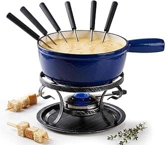 Cast Iron Fondue Pot Set for Cheese & Chocolate, Fondue Set for 6 with Burner & 6 Forks, Swiss Fondue Pot for Party, Family & Gift, Blue