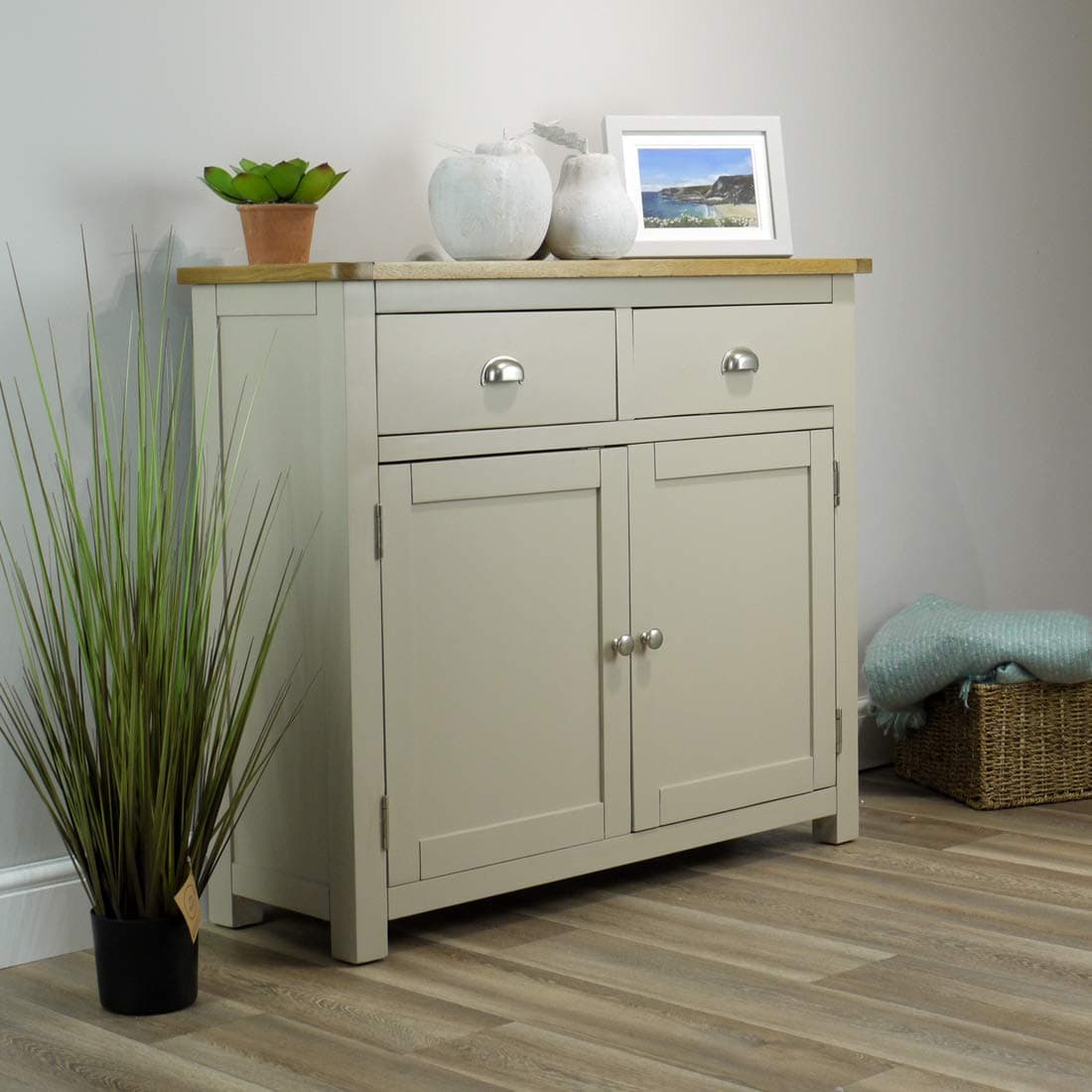 Wellington Painted Grey Small Sideboard with Solid Oak Top