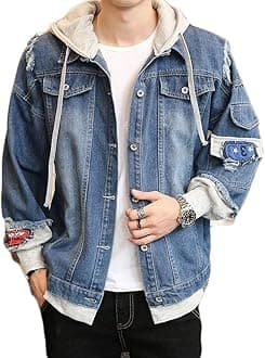 Men's Denim Hooded Jacket Casual Button Down Ripped Jeans Jacket Coat Outwear