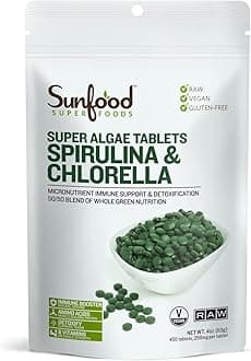 Sunfood Chlorella Spirulina Tablets - Spirulina and Chlorella Powder Pills, Green Algae Supplement Rich in Chlorophyll, Broken Cell Wall, Vegan - 4 oz Bag
