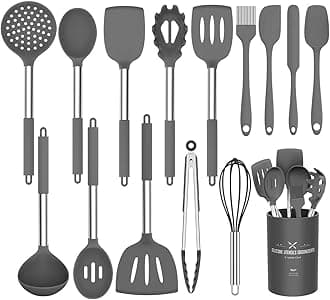 Umite ChefKitchen Utensils Set 15 Pieces Silicone Heat Resistant Non-Stick BPA Free Stainless Steel Handle Spatula Spoon Tongs Whisk Cookware