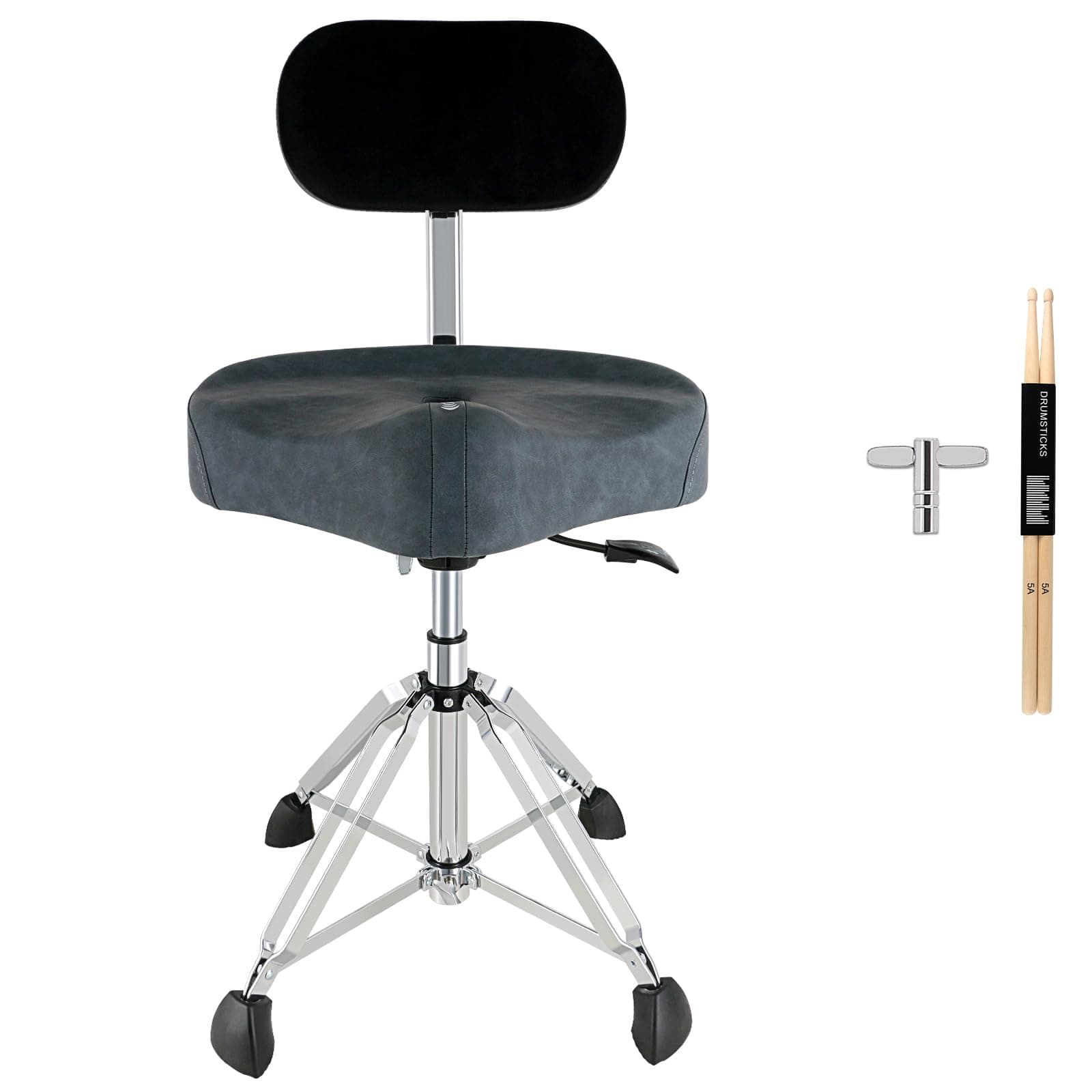 ROWELL Drum Thrones with Backrest Hydraulic Drum Stool Height Adjustable Air Lift Drum Thrones 4 Legs Heavy Duty Drum Seat 4.3" Thick Padded Drum Chair Drum Stool for Drummer, Guitar Player (Blue)