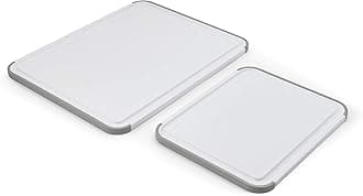 KitchenAid Classic Nonslip 2-Piece Plastic Cutting Board Set with Perimeter Trench and Non Slip Edges, 2-Piece Kitchen Chopping Boards, Dishwasher-Safe, White and Gray