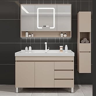 Bathroom Vanity - 48IN Bathroom Vanity Set with One-Touch Defog | LED Light, Integrated Solid Wood Cabinet | Large Storage Space (Cream Yellow)