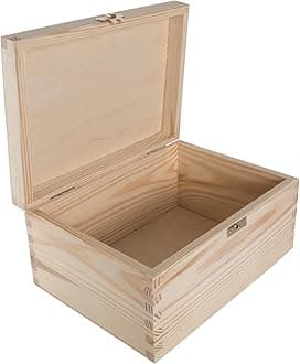 WooDeeDoo Rectangular Wooden Storage Box with Hinged Lid and Clasp – 22 x 16 x 10.5 cm – Unfinished Pine Keepsake Memory Case for Crafts Photos Files Decoration
