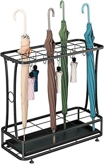 HUHJYUGE Metal Umbrella Holder Stand, Umbrella Stand Holder for Entryway, Umbrella Holder with Removable Drip Tray and Hooks, Industrial Free Standing Umbrella Rack Organizer (18 Slots 10 Hooks)