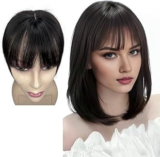 100% Human Hair Toppers Clip in Hairpieces with 3D Air Bangs for Women Straight Toupee Middle Part Wiglets for Mild Hair-Loss (Dark Black)