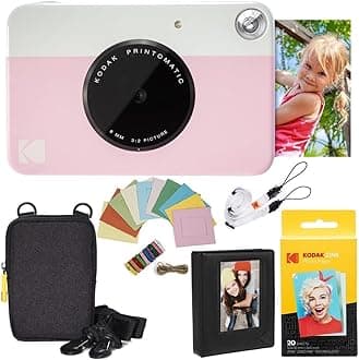 Kodak Printomatic Instant Camera Bundle (Pink) Zink Paper (20 Sheets) - Case - Photo Album - Hanging Frames.