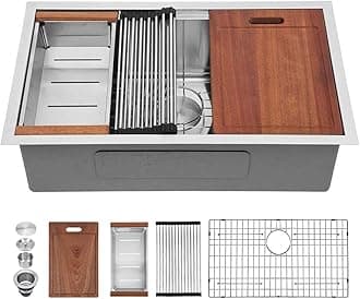 Sarlai 28 Kitchen Sink Undermount - 28 x 18 Inch Stainless Steel Kitchen Sink Undermount Ledge Workstation Deep Single Bowl 16 Gauge R10 Tight Radius Stainless Steel Kitchen Sink Basin