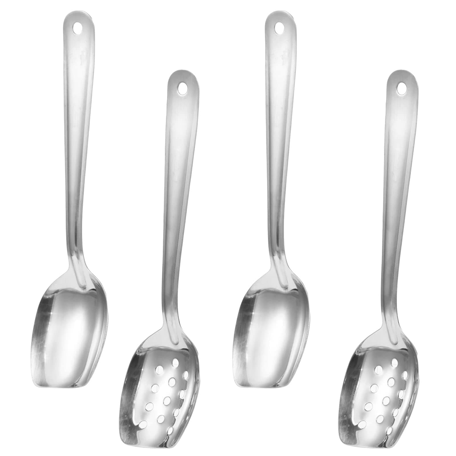4 Pack Large Serving Spoons Flat Bottom Cooking Slotted Spoon Stainless Steel for Cooking Kitchen Parties Buffet Utensils Dishwasher Safe,2 Styles 10 Inch Silvery