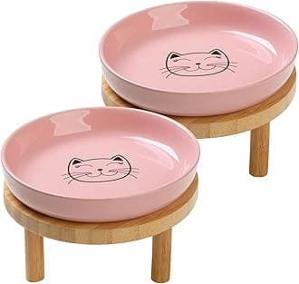 Shallow Elevated Cat Bowls,5.9 Inch Wide Raised Ceramic Cat Dishes with Bamboo Stand, Whisker Friendly Pet Water or Food Plates Feeding Station for Indoor Cats, Kitten(Pink,Set of 2)