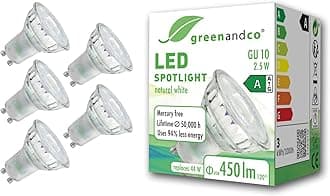 greenandco 5 x LED spotlights, GU10, 2.5 W, 450 lm, 4000 K, neutral white, 100°, 230 V, flicker-free, energy efficiency class A, not dimmable