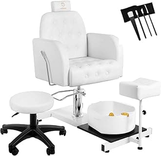 Reclining Pedicure Chair No Plumbing with Foot Massage Basin & Stool, Hydraulic Adjustable Pedicure Chair Station, 360° Rotation Beauty Spa Salon Unit Station - White