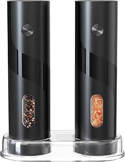 CIRCLE JOY Electric Salt and Pepper Grinder Set Top-Refill Battery Operated Salt and Pepper Mill Grinders with Storage Base, Adjustable Coarseness, 120ml Capacity and White LED Light, Black