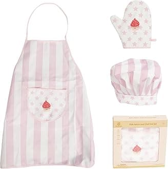 WoodenEdu Kid Apron and Chef Hat Set, 3 Pcs Children Cooking Baking Set Kits Role Play Chef Toy Kid Cooking Gift for Girls Boys (Pink)